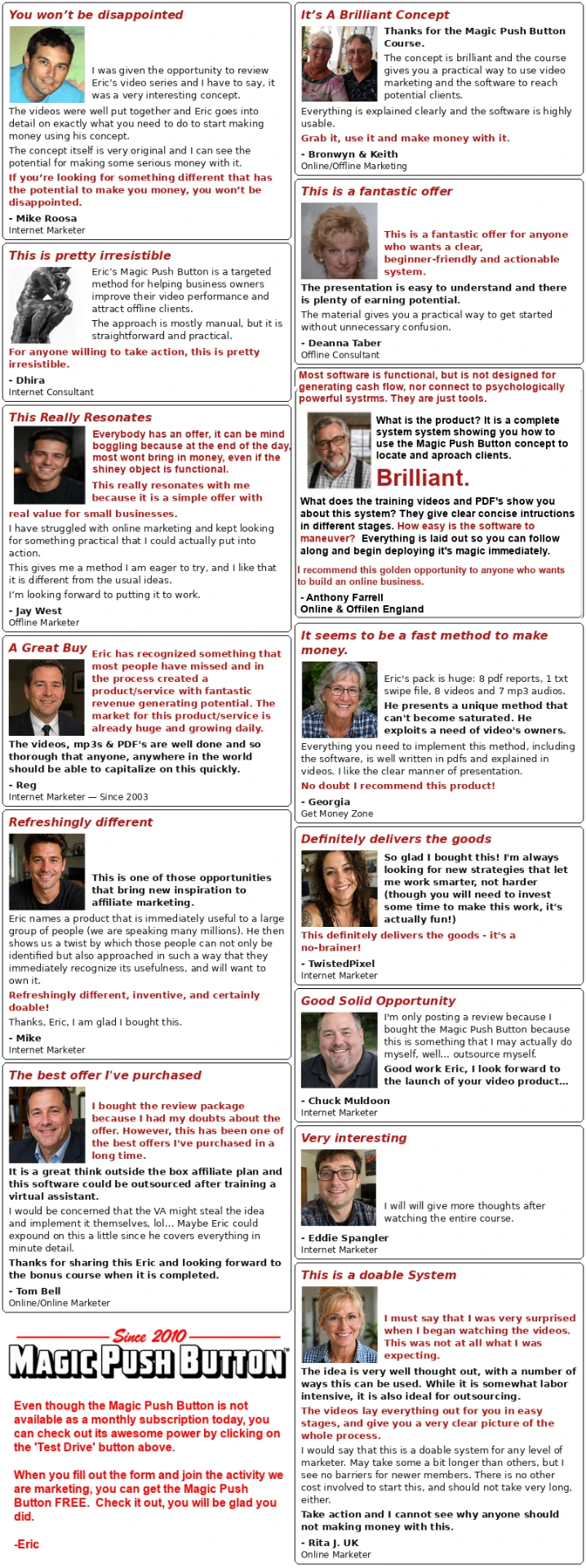 Collection of written testimonials from marketers about The Magic Push Button