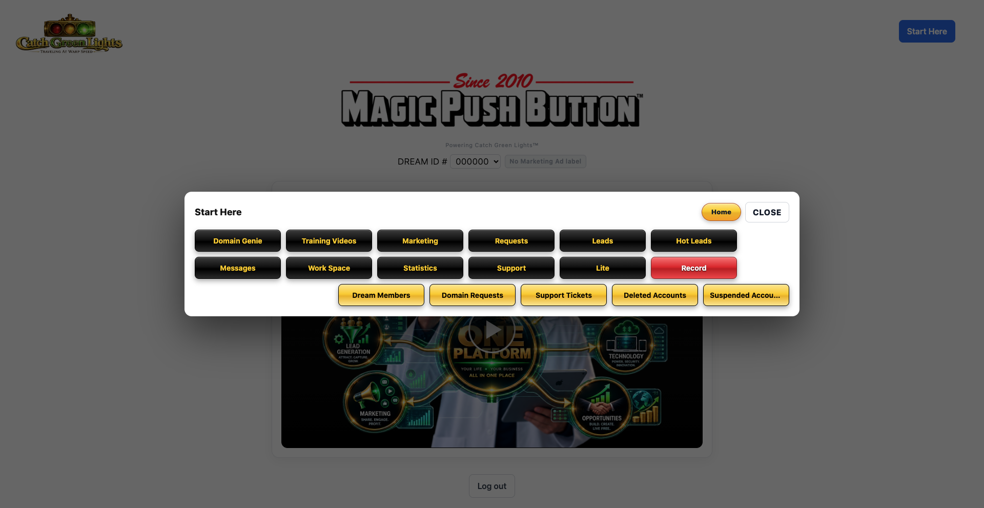 The Magic Push Button Start Here menu showing marketing, leads, messages and support tools