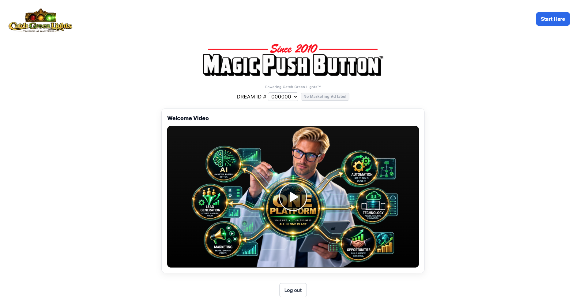 The Magic Push Button back office home screen with Dream ID selector and welcome video